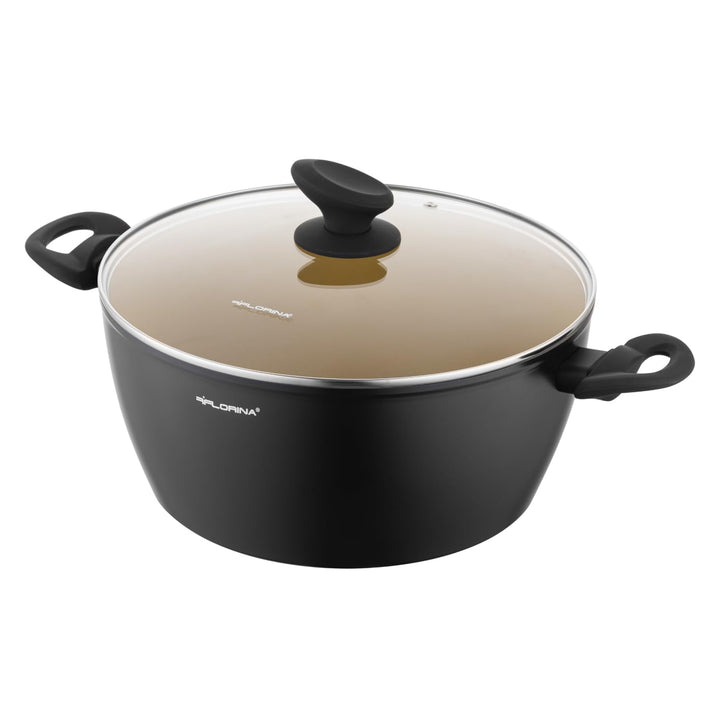 FLORINA AMVEGAN Aluminiumtopf 26 cm I 4,8L I Hohe Haltbarkeit I Glasdeckel I Olivenöl-Keramikbeschic