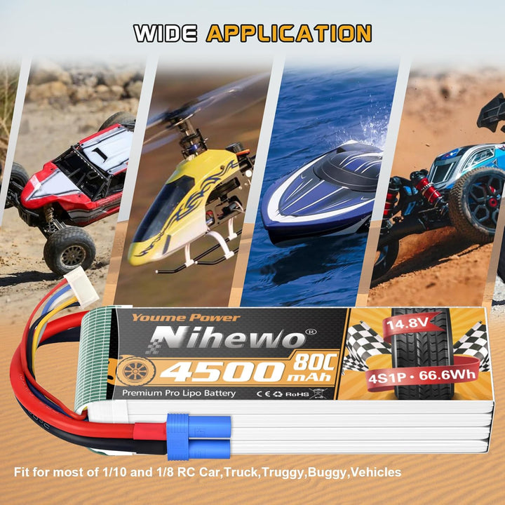 2Packs 4S Lipo Akku, Nihewo RC Akku 14.8V 4500mAh 80C mit EC5 Stecker Kompatibel mit 1/6 1/8 Masssta