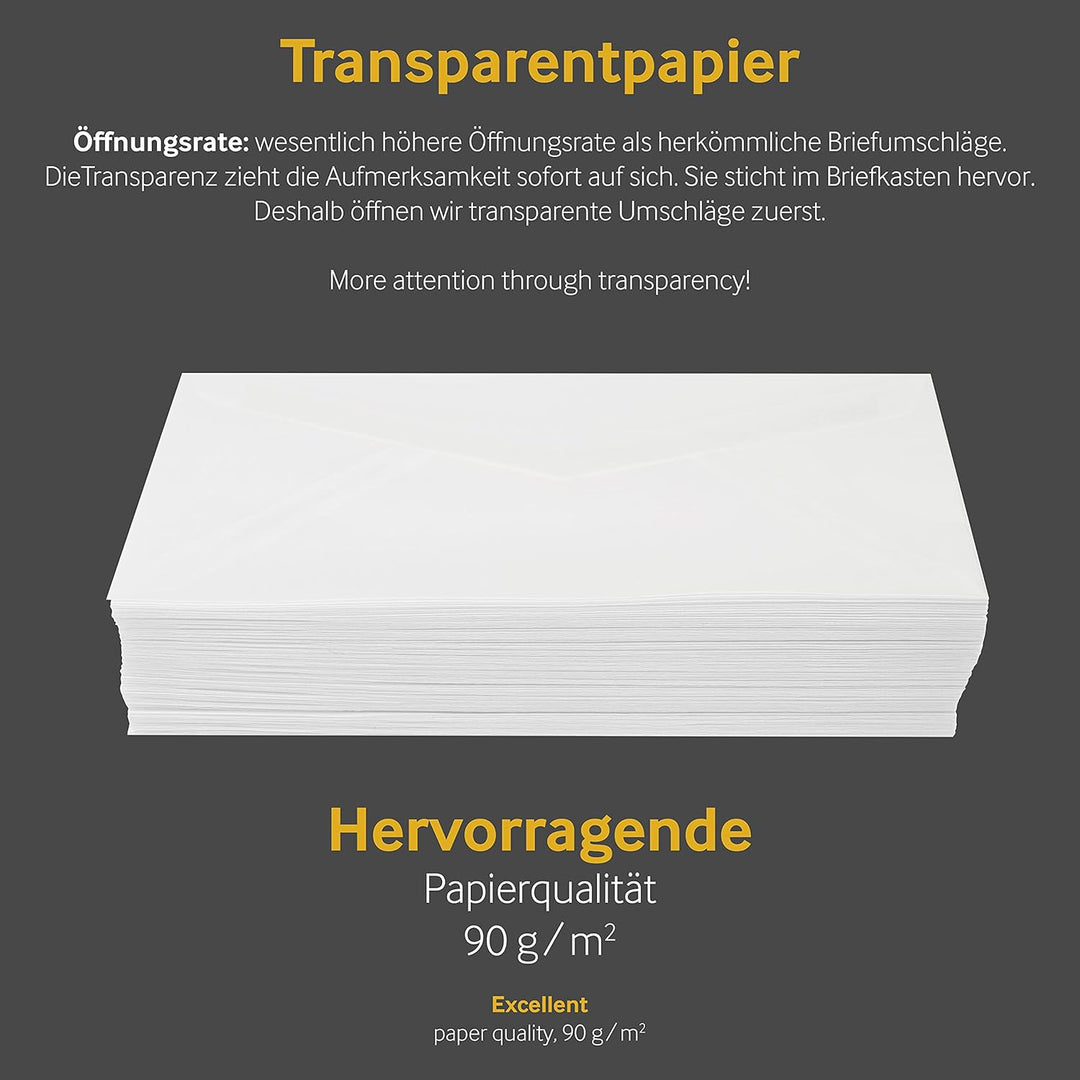 Blanke Briefhüllen, Transparente Briefumschläge, 100 Stück, Nassklebung, Ohne Fenster, Spitze Klappe