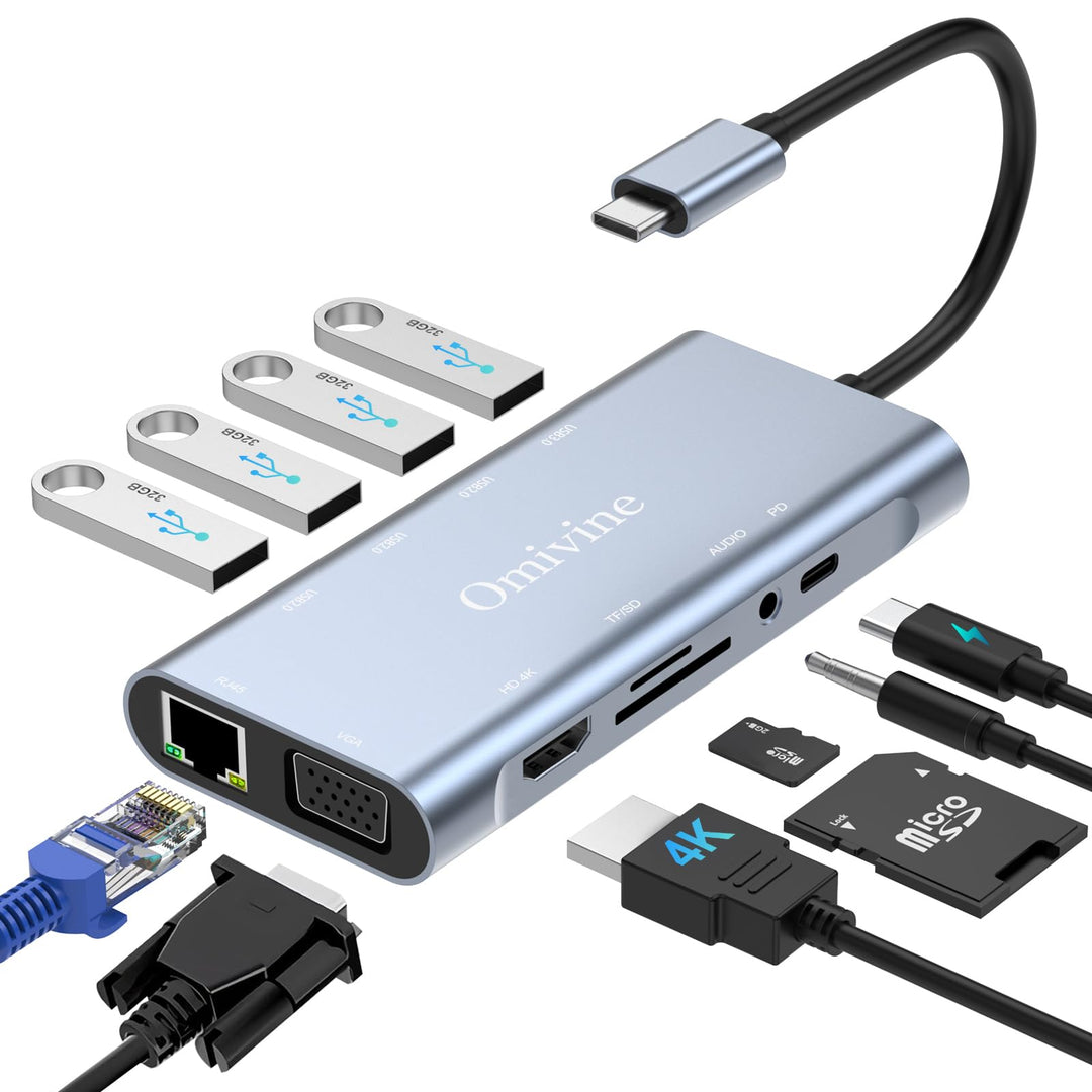 11-In-1 USB C Hub mit PD 100W, 4K HDMI, VGA, Ethernet, 1 X USB 3.0, 3 X USB 2.0, SD/TF Kartenleser,