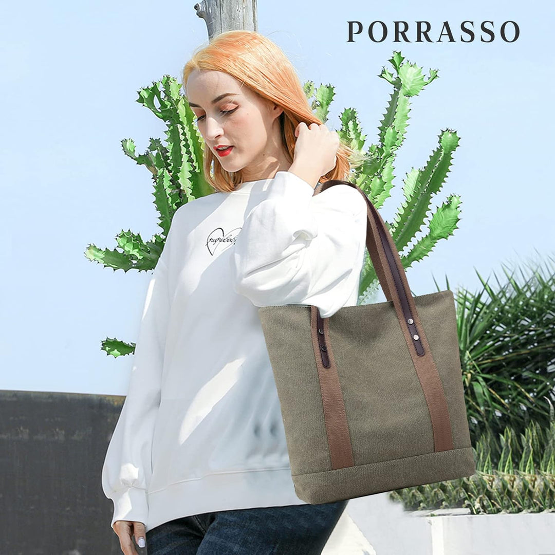 PORRASSO Damen Schultertasche Gross Canvas Handtasche Mode Tote Henkeltasche für Schule Arbeit Einka