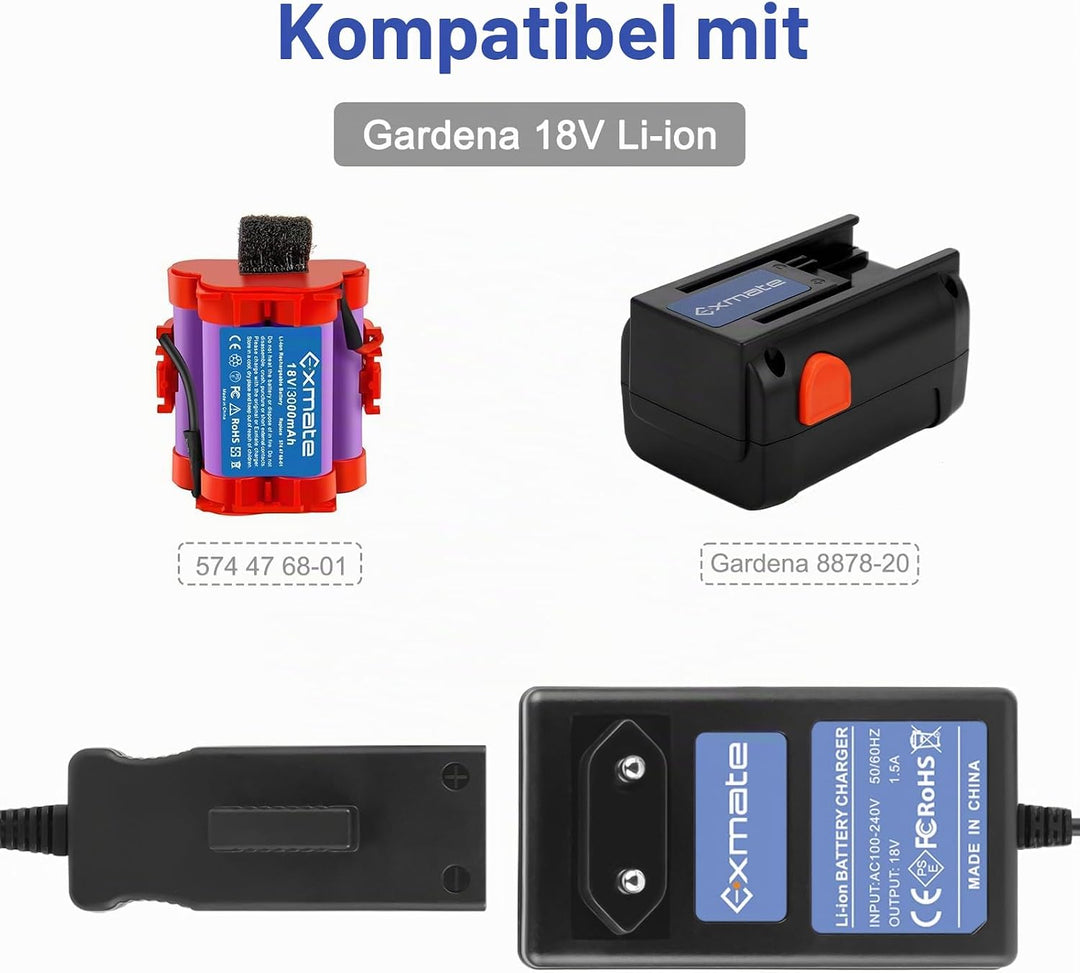 Exmate 18V Ladegerät für Gardena 8878-20 4078500887809 8025-20 574 47 68-01 Gardena Mähroboter R40Li