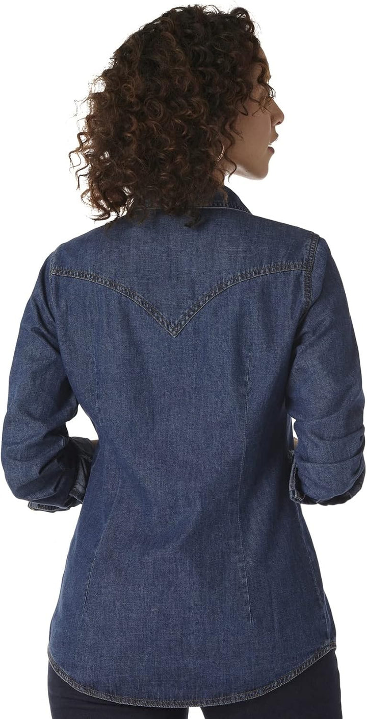 Wrangler Damen Western Long Sleeve Denim Snap Shirt Hemd XL Dunkles Denim, XL Dunkles Denim