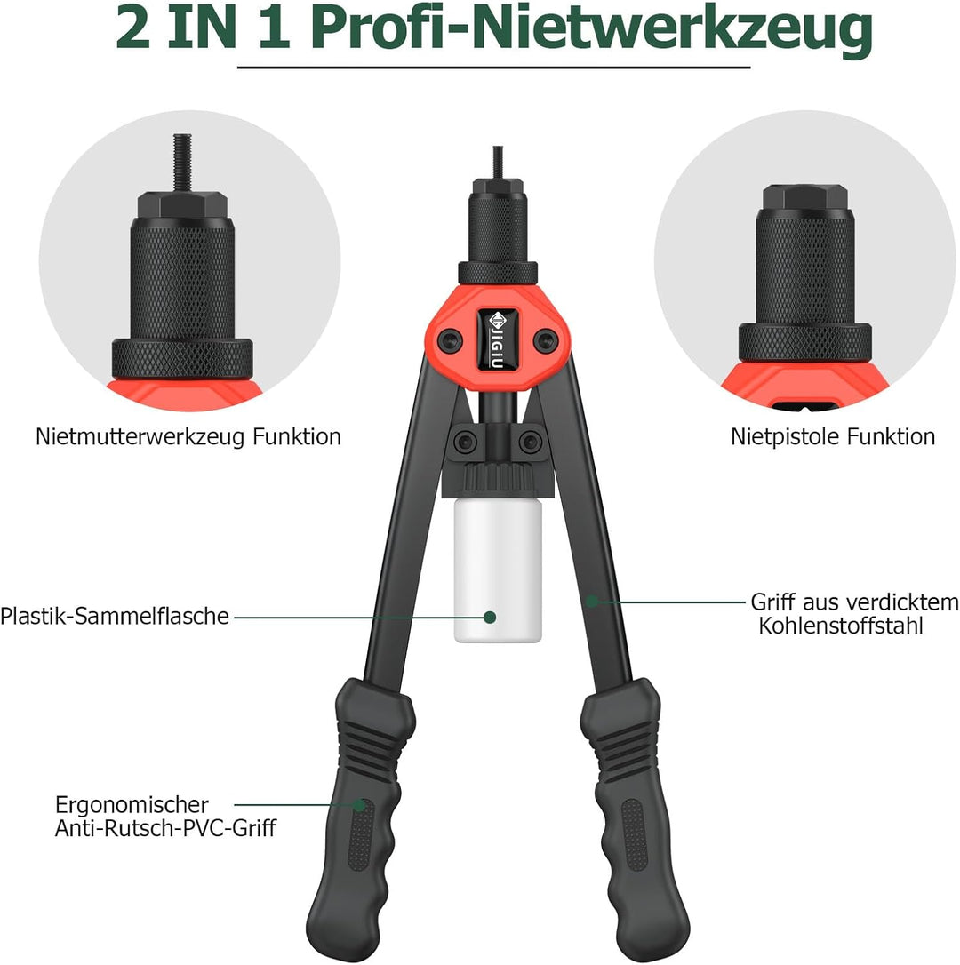 JiGiU Nietzange Set, 2 In 1 Nietmutternzange und Blindnietzange Set mit M3-M12 7 Art Metrische Dorne