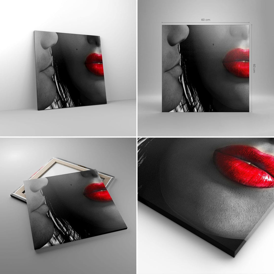 Bilder auf Leinwand Rote Lippen dunkles Haar Modell Liebe Leinwandbild 60x60cm Wandbilder Dekoration
