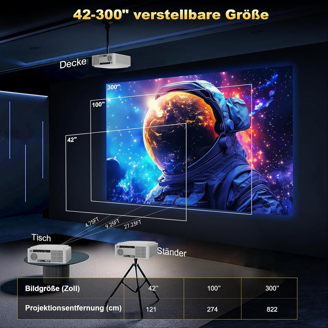 Beamer-4K[1500ANSI&Autofokus/Trapezkorrektur] Tageslicht Projector mit WiFi 6 Bluetooth,DESS Full-HD