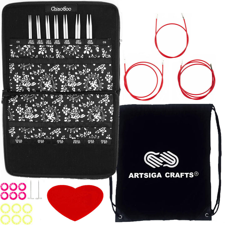 ChiaoGoo Stricknadeln, austauschbare rote Spitze, klein, 12,7 cm, mit 1 Artsiga Craft-Projekttasche