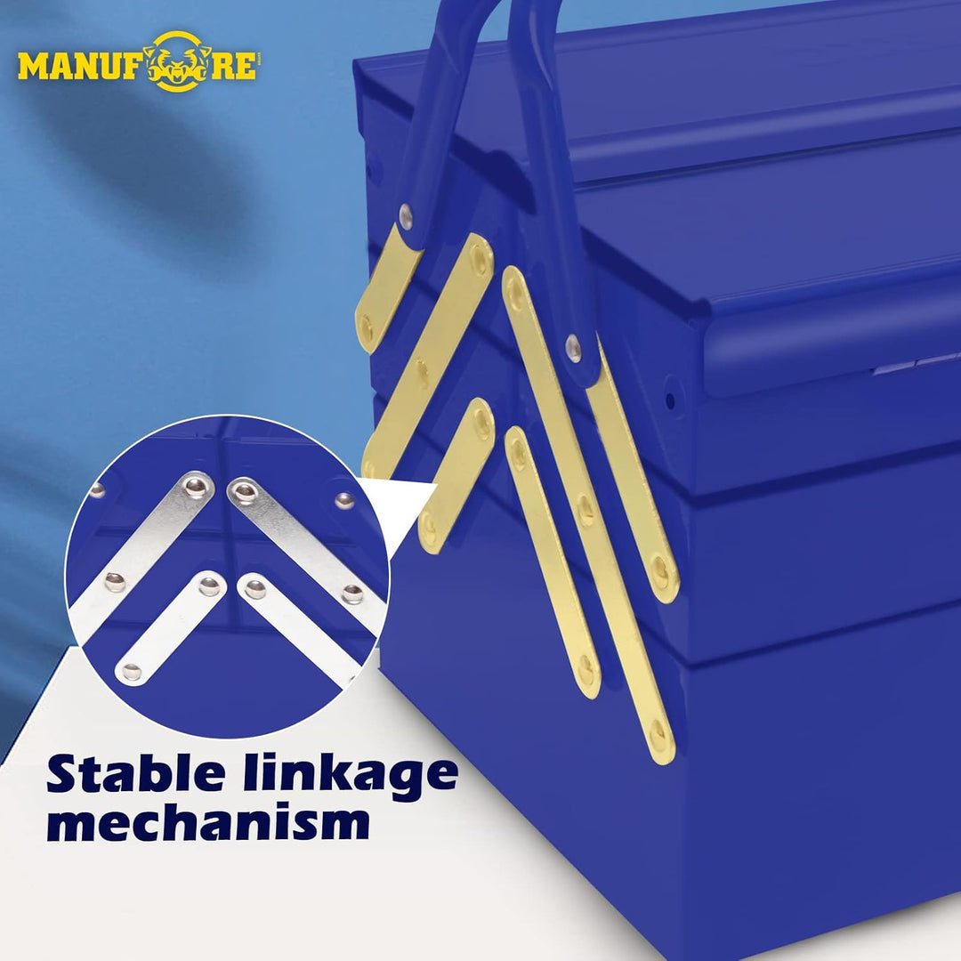 MANUFORE Werkzeugkoffer Leer aus Metall 42x 20 x21cm, 3-Etagen Metall-Werkzeugkasten mit 5 Fächern，B