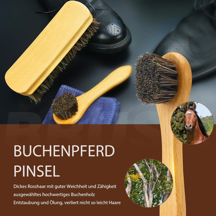 IKI Premium Lederschuhpflegeset - farbloses & schwarzes Lanolin, Schuhwachs, 2 Rosshaarbürsten, Flan