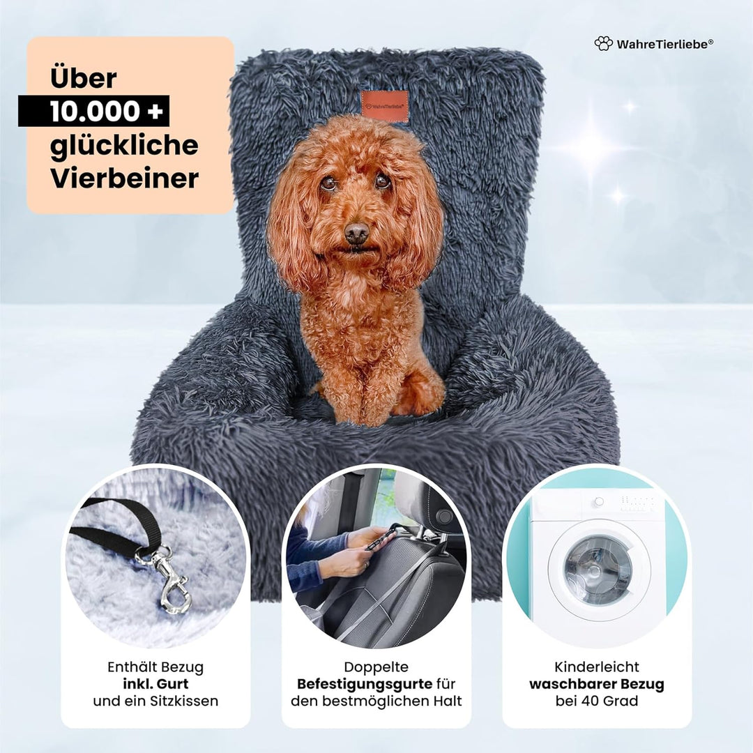 Wahre Tierliebe Hunde Autositz Fluffy inkl. Sicherheitsgurt - waschbarer Hundesitz Auto in schwarz/w