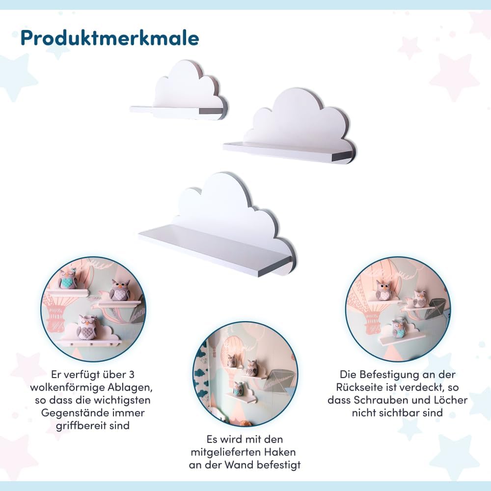 3er Set Wandregal Kinderzimmer Weiss | Babyzimmer Wolkenregal für Bücher, Spielzeug, Dekoration | Re