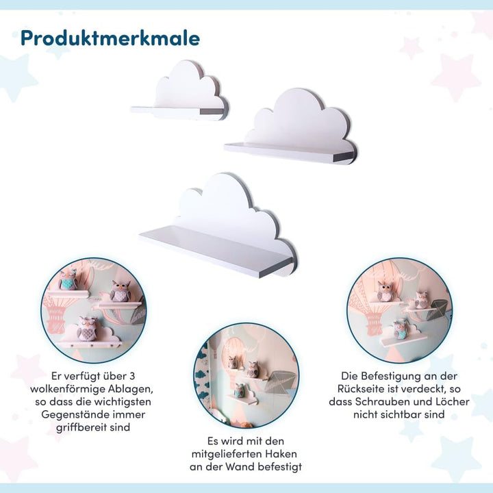 3er Set Wandregal Kinderzimmer Weiss | Babyzimmer Wolkenregal für Bücher, Spielzeug, Dekoration | Re