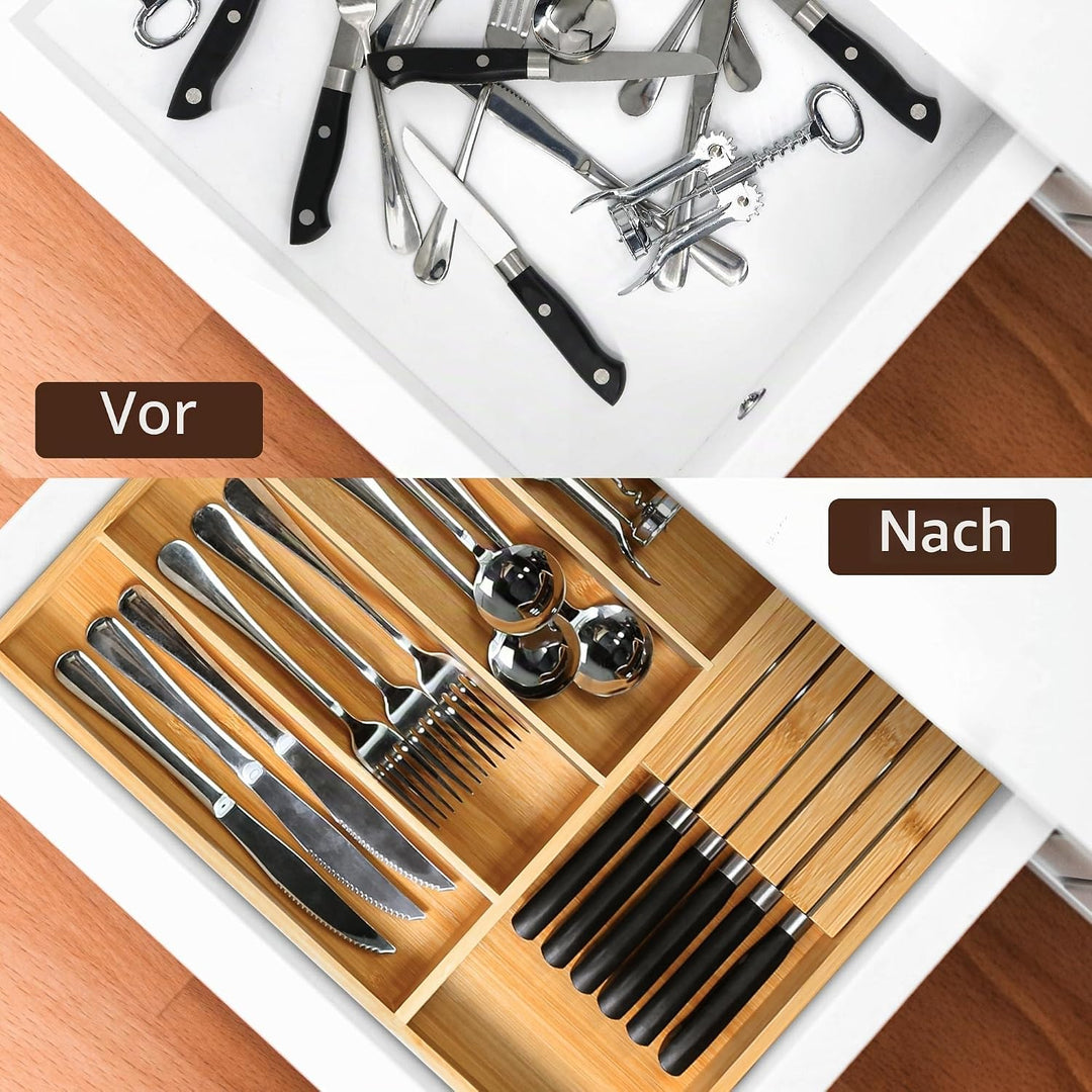 VaeFae Bambus-Besteck-Organizer, Utensilienhalter für Schublade, Holzbesteckablage mit Trennwand für