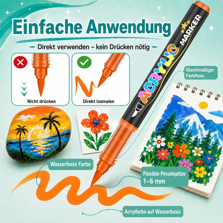 72 Farben Acrylstifte Set Wasserfest – Acrylmarker Acrylic Marker mit Pinselspitze &amp; Direktfluss zum