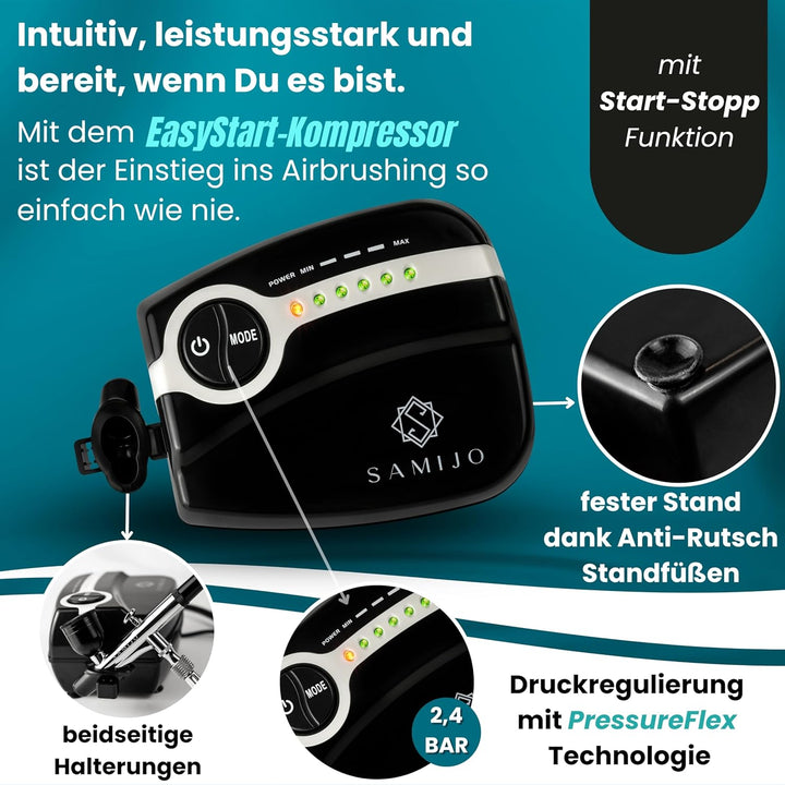 SAMIJO Airbrush Set mit Kompressor, leise, kompakt, vielseitig, Airbrush-Set für Einsteiger, inkl. [