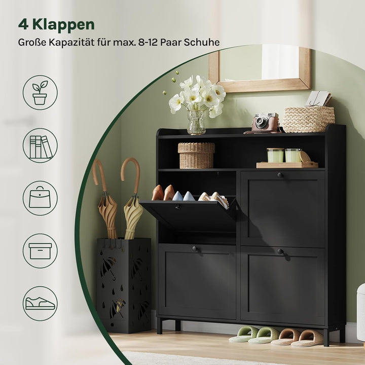 WOLTU Schuhschrank mit 4 Klappen, Schuhregal Schuhkipper schmal, Platzsparend & Robust, für 8-12 Paa
