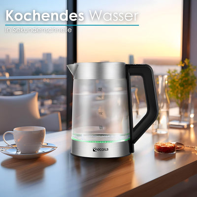 Glas Wasserkocher 1,7 Liter | 2200 Watt | Edelstahl mit Temperaturwahl | Teekocher | 100% BPA FREI |