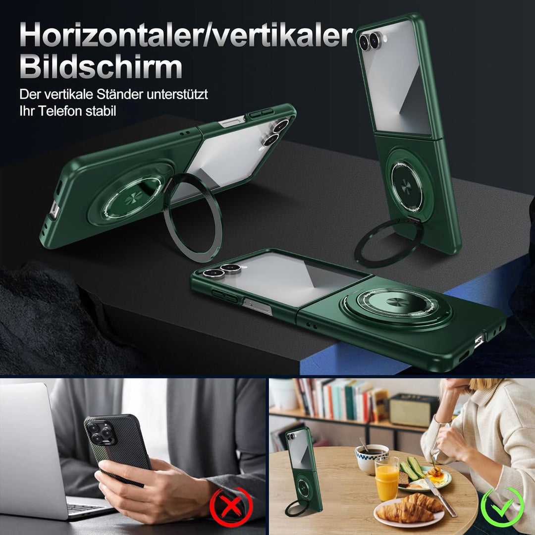 Handyhülle für Samsung Galaxy Z Flip 7 Hülle mit Schutzfolie, 360 Grad Magnetisch Metall Ring Stände
