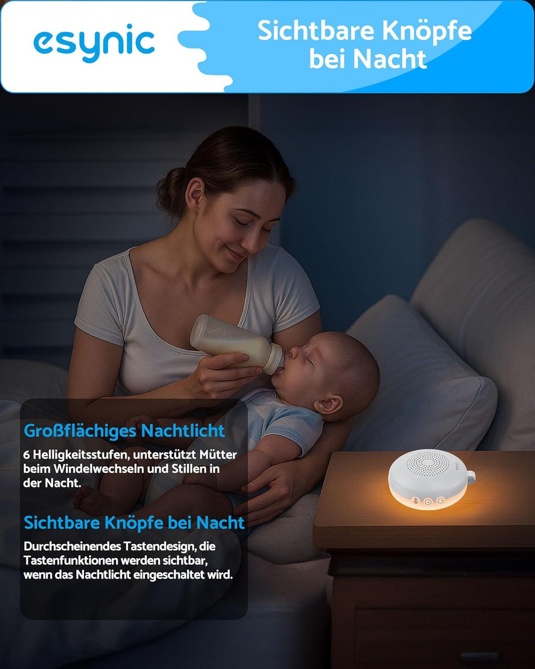 eSynic White Noise Machine Baby mit Nachtlicht Weisses Rauschen Einschlafhilfe Babys Erwachsene Soun