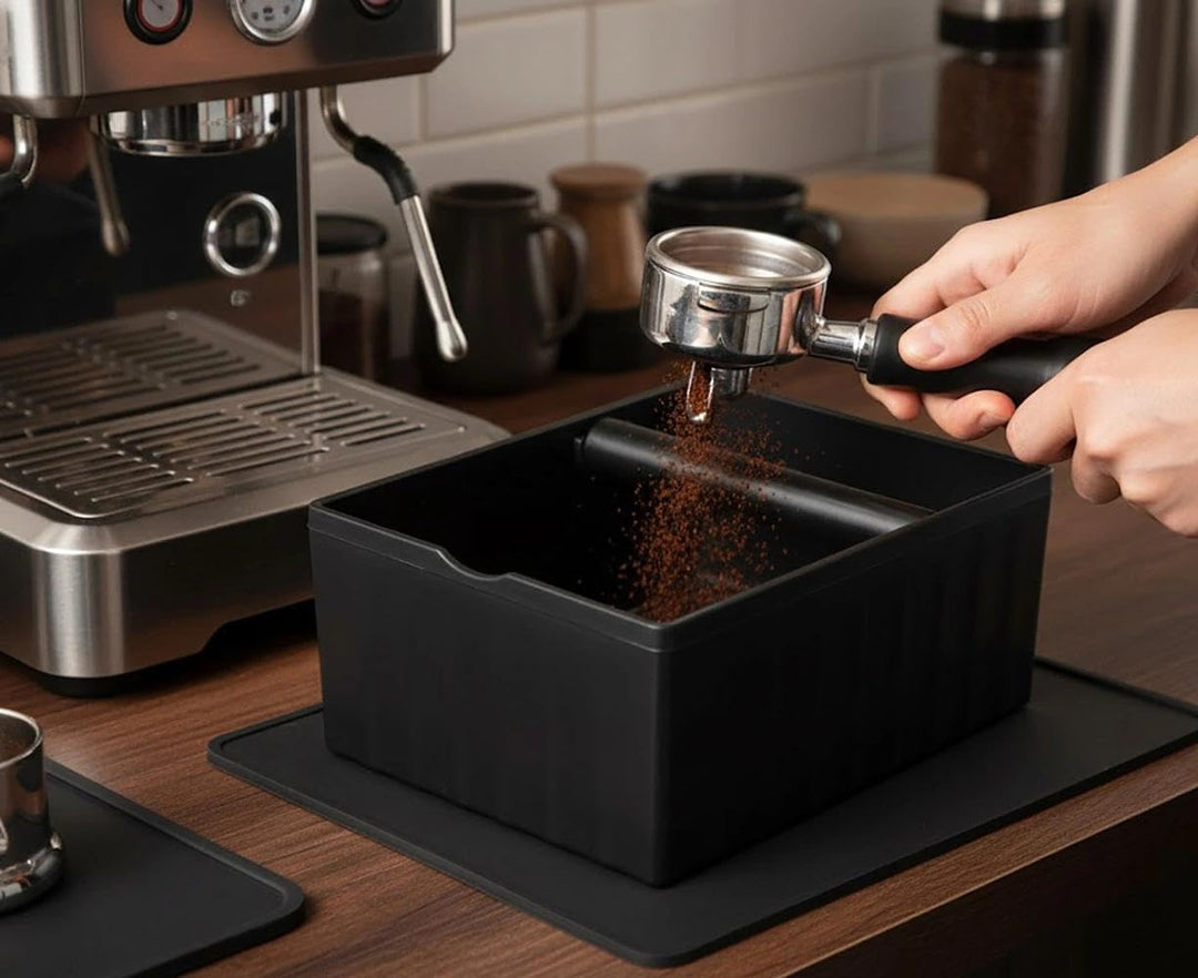 Premium Quadratische Espresso Knock Box ABS Abklopfbehälter mit stossdämpfender Klopfstange & Gummib