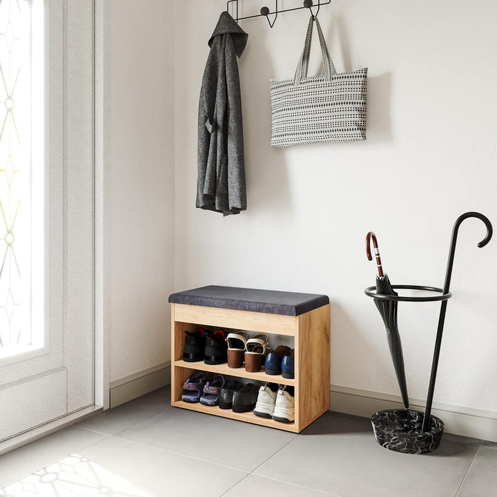 KOMTO Schuhbank mit Sitzfläche - Schuhregal Bank mit Stauraum Honig Eiche 60 x 48 x 32 cm Kleiner Sc