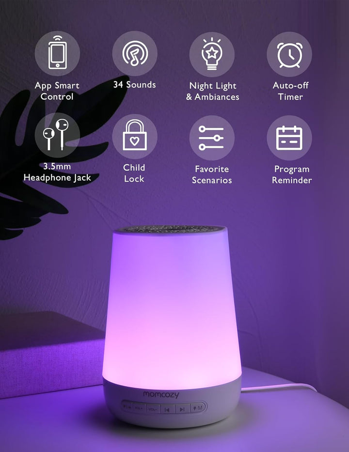 Momcozy DB03 White Noise Machine Baby, Mit 34 Geräuschen Therapy, Nachtlicht, 7 Farben APP-Steuerung