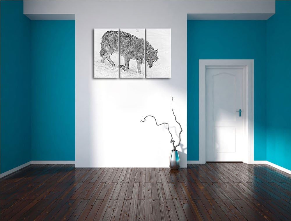 seltener Wolf im Schnee schwarz/weiss Deluxe 3-Teiler Leinwandbild 120x80 Bild auf Leinwand, XXL rie