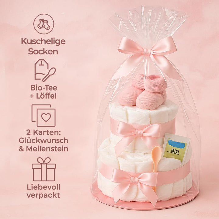 Windeltorte 2 stöckig in Rosa mit Babysocken für Mädchen, Pinkelparty Geschenke zur Geburt, Taufe od
