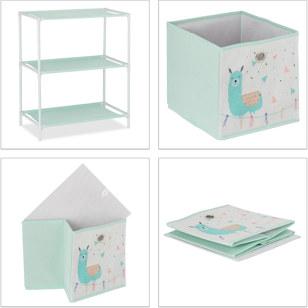Relaxdays Kinderregal mit 4 Boxen, Jungen & Mädchen, Lama-Design, Regal Kinderzimmer, Spielzeug, HBT