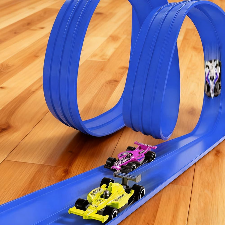 Yuraigm Autorennbahn Rennbahn, 5M Autorennbahn Flexible Rennstrecke Auto Spielzeug mit 4 Leichtmetal