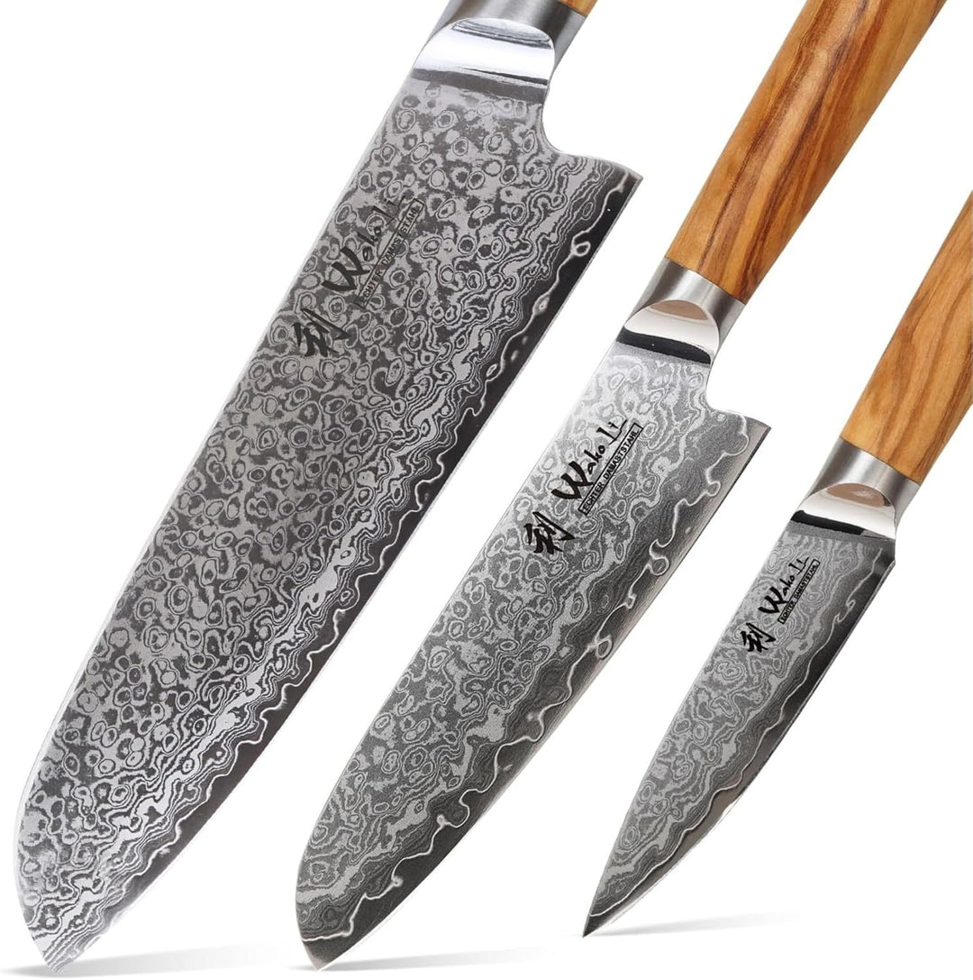 Wakoli Oribu 3er Damastmesser-Set mit 9-18cm Klingen gefertigt aus 67 Lagen echtem Damaststahl mit O