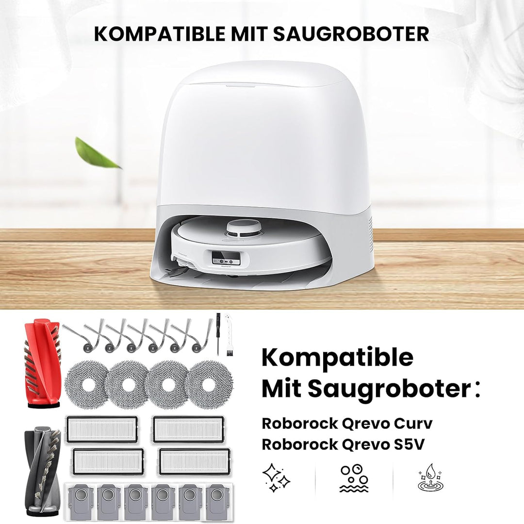 NIXOOT 21 Stück Zubehörset für Roborock Qrevo Curv Saugroboter, Ersatzteile 1 Hauptbürste 6 Staubbeu