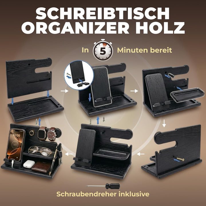 TESLYAR Männer Docking Station &amp; Schreibtisch Organizer Holz mit Handyständer Schwarz für Büro Aufbe