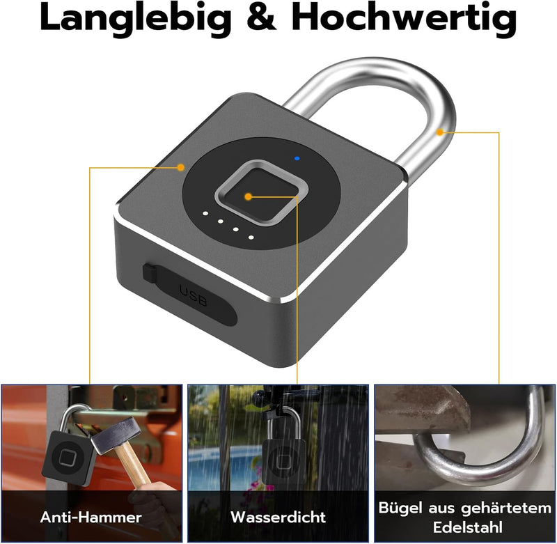 Eseesmart Smart Lock - Schloss mit Fingerabdruck Bluetooth APP iWatch Öffnen, Vorhängeschloss Finger