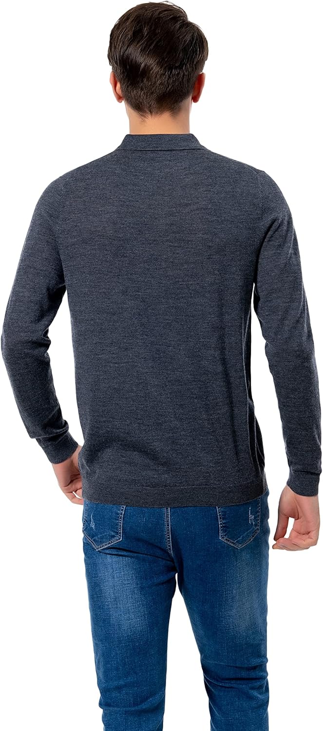 WOSICA Men's 100% Extrafine Merino Wool Long Sleeve Polo S Charcoal, S Charcoal