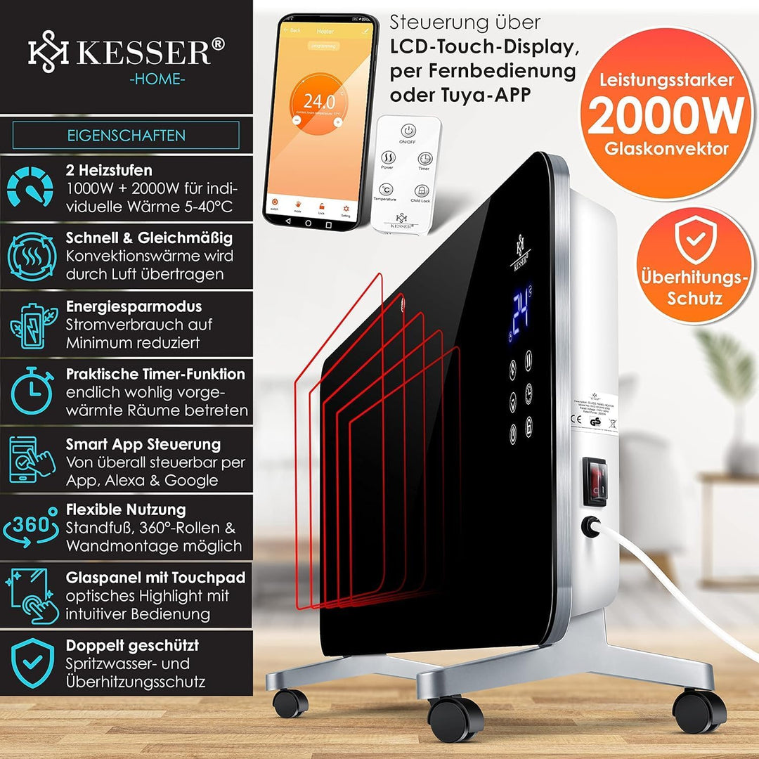 Kesser® Elektro Glasheizung Konvektor Elektroheizung Heizung Heizkörper (Schwarz), Schwarz