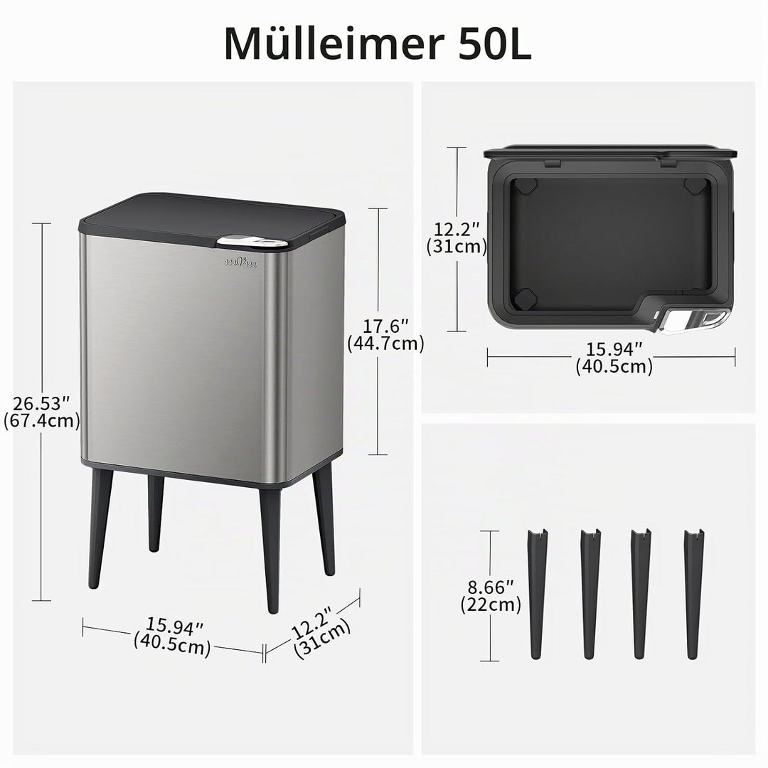 mVm Küchen &amp; Büromülleimer 50L, Edelstahl, Rechteckig, Mit Deckel &amp; Geruchsfilter, Sanftschliessend