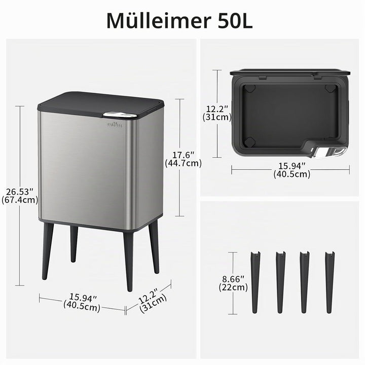 mVm Küchen &amp; Büromülleimer 50L, Edelstahl, Rechteckig, Mit Deckel &amp; Geruchsfilter, Sanftschliessend