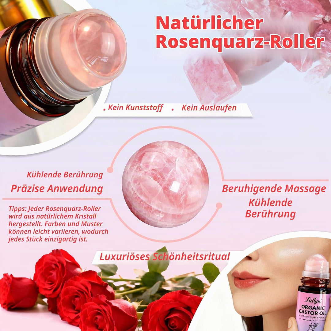rizinusöl kaltgepresst bio Roll On mit Rosenquarz – Castor Oil Organic 100% Rein, Hexanfrei, Natürli
