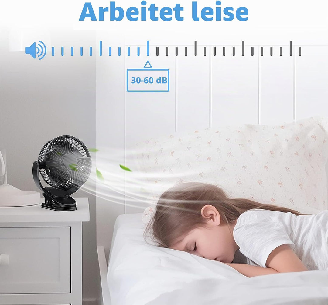 ATEngeus Mini USB Ventilator, 5000mAh Clip Fan, 3-Gang Akku Ventilator, leiser Tischventilator, 360°