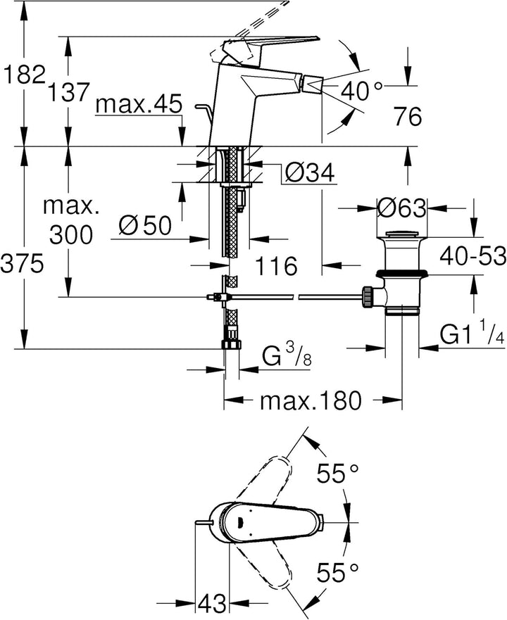 GROHE Eurodisc Cosmopolitan Bidetarmatur, Zugstange, Kugelgelenk-Auslauf 33244002, Silber Hebel Smal