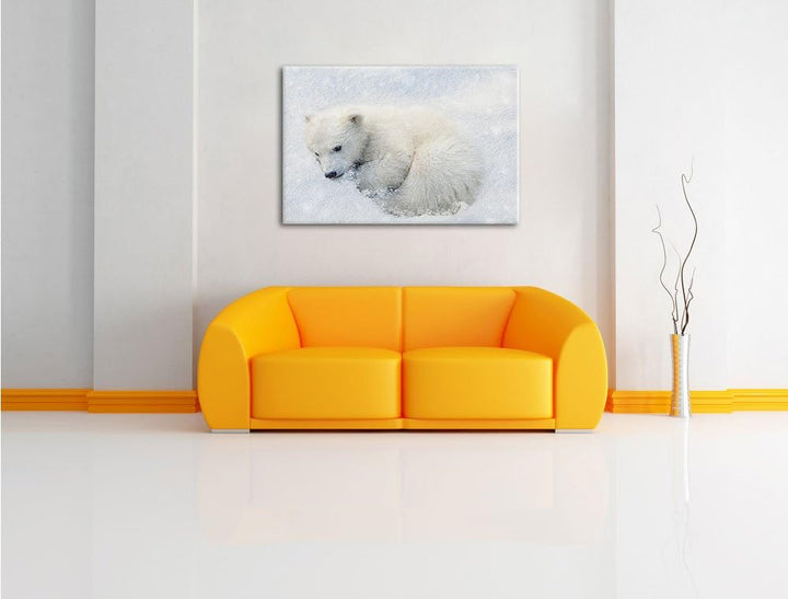 Pixxprint Süsser junger Eisbär im Schnee, Format: 100x70 auf Leinwand, 100x70