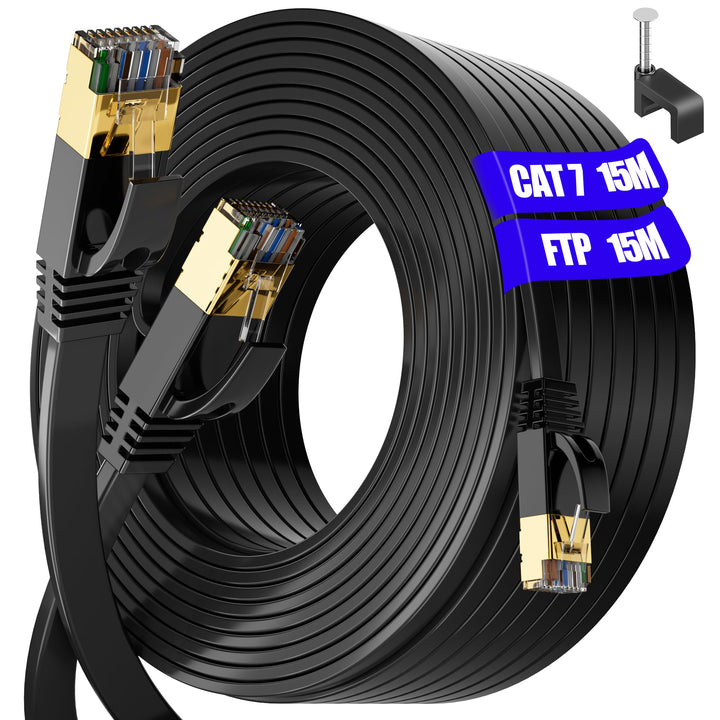 Cat 7 15m LAN Kabel 15 Meter Flach Netzwerkkabel 15m Gigabit Ethernet Kabel Outdoor Indoor - S/FTP,