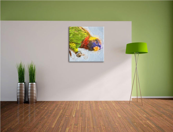 Pixxprint Farbenfroher Papagei auf AST als Leinwandbild | Grösse: 70x70 cm | Wandbild | Kunstdruck |