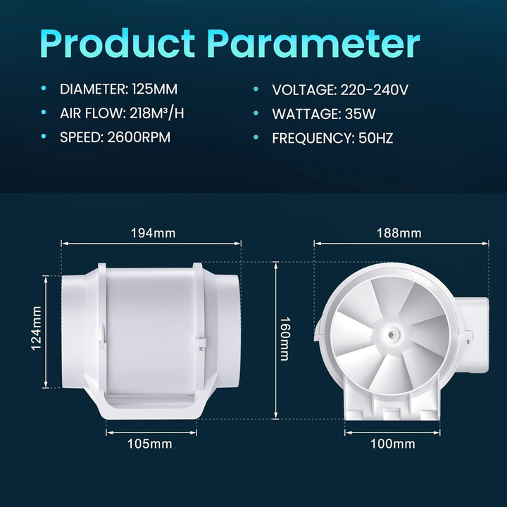 HG Power Rauchabzug Rohrventilator 125mm, Abluftventilator 230V Leise Kanalventilator Energiesparend