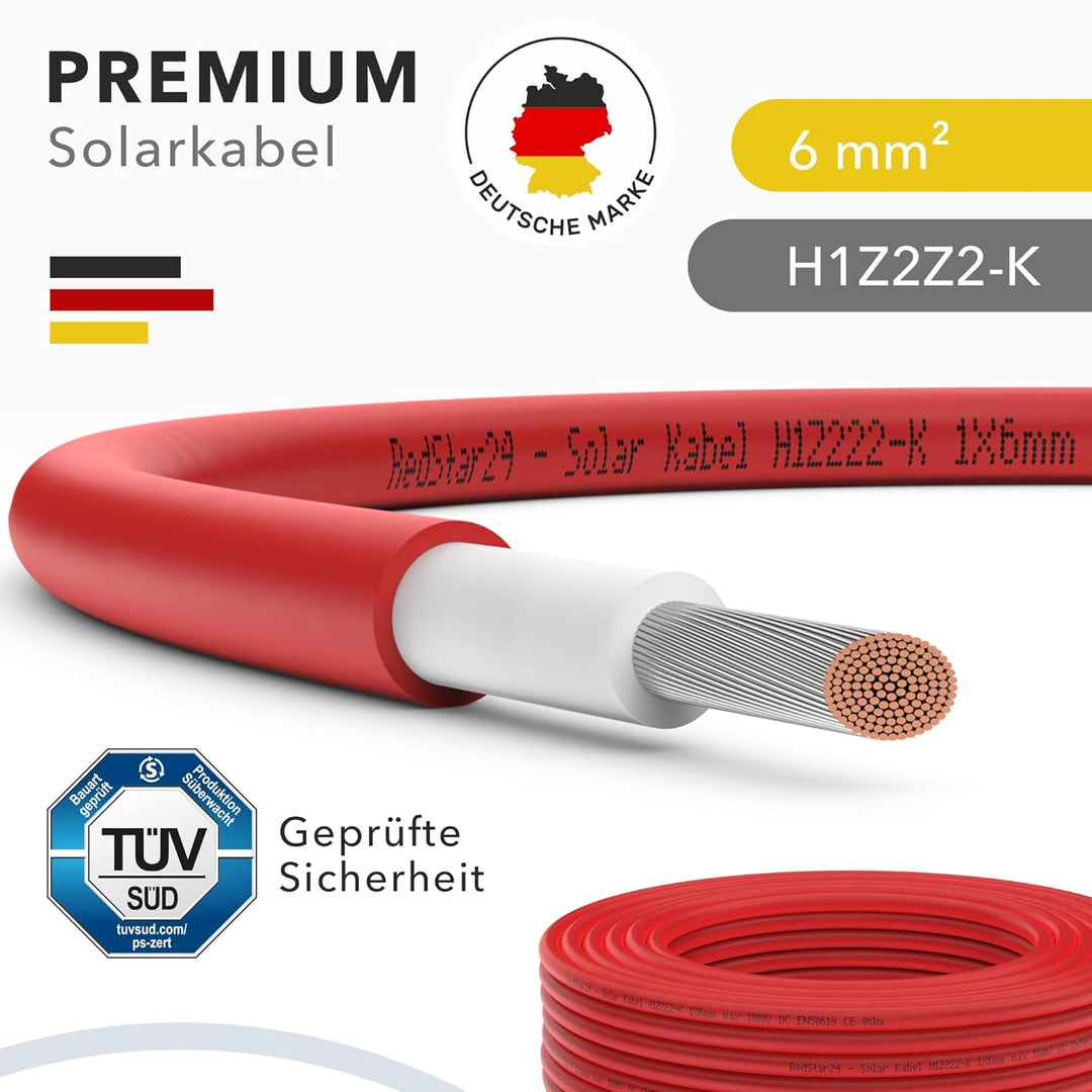 RedStar24 Premium Solarkabel 6mm² Rot - 30m - TÜV SÜD geprüft - UV-beständig, flexibel, Photovoltaik