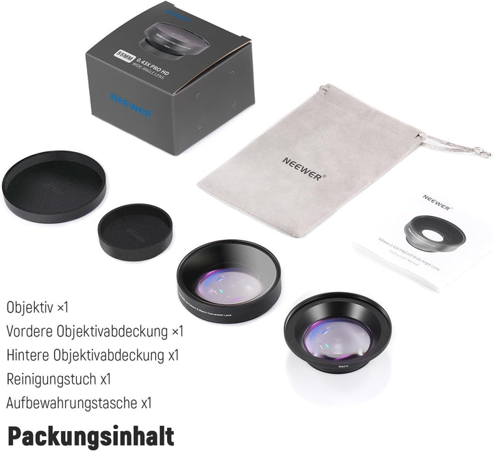 NEEWER 55mm 0,43X HD 2 in 1 Weitwinkel & Makroobjektiv, Ultraweitwinkelobjektiv mit 18mm Brennweite