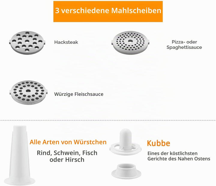 Fleischwolf Elektrisch 1500W Profi 4-in-1 Hackfleischmaschine mit Speicherbox | Wurstfüller Set, 3 L