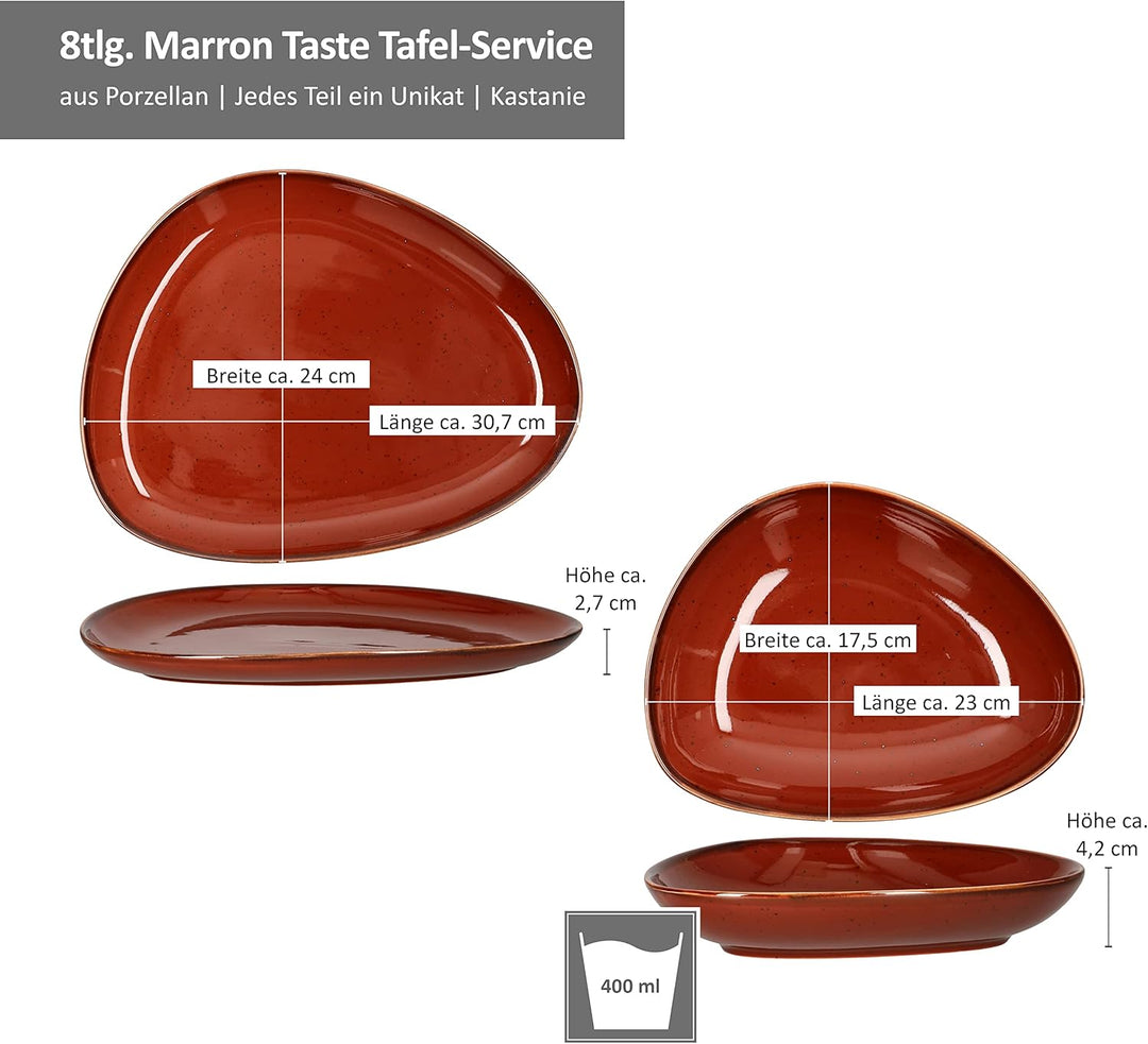 MamboCat 8tlg. Tafel-Service Marron Taste für 4 Personen I kastanienfarbenes Porzellan-Geschirr I je