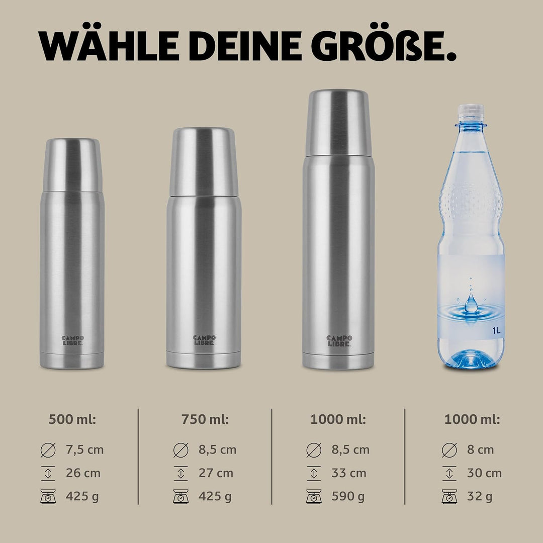Campo Libre. Jaco® Thermoskanne 1L, 750ml, 500ml I Thermos mit Becher I Unsere Thermosflasche mind.